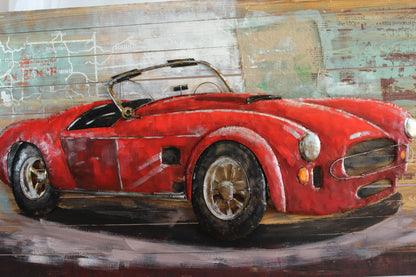 NIFAO Classic Roadster Inspired Red Car 3D Metal Art on Wood 79" x 2" x 40"H