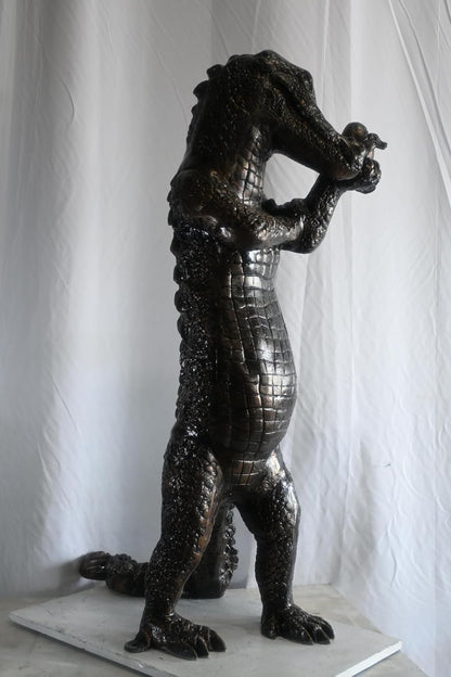 Large Alligator Statue Holding Baby Gator in Egg Cast Aluminum 34"x23"x54"H