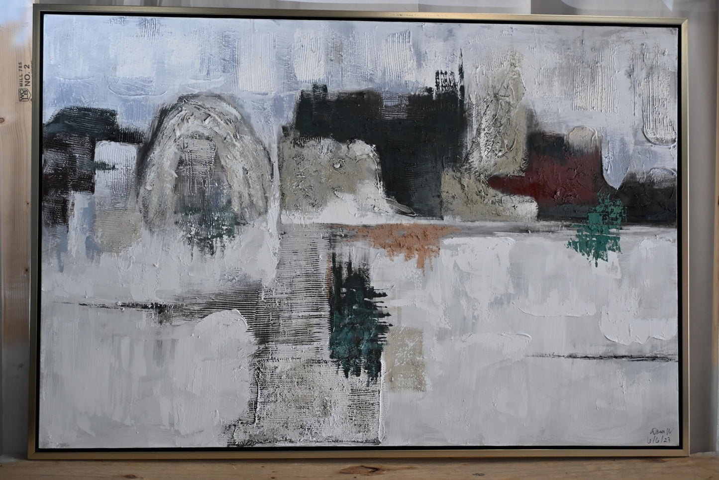 Foggy NYC Abstract Canvas Painting Gray Teal Framed Art 41"x61"