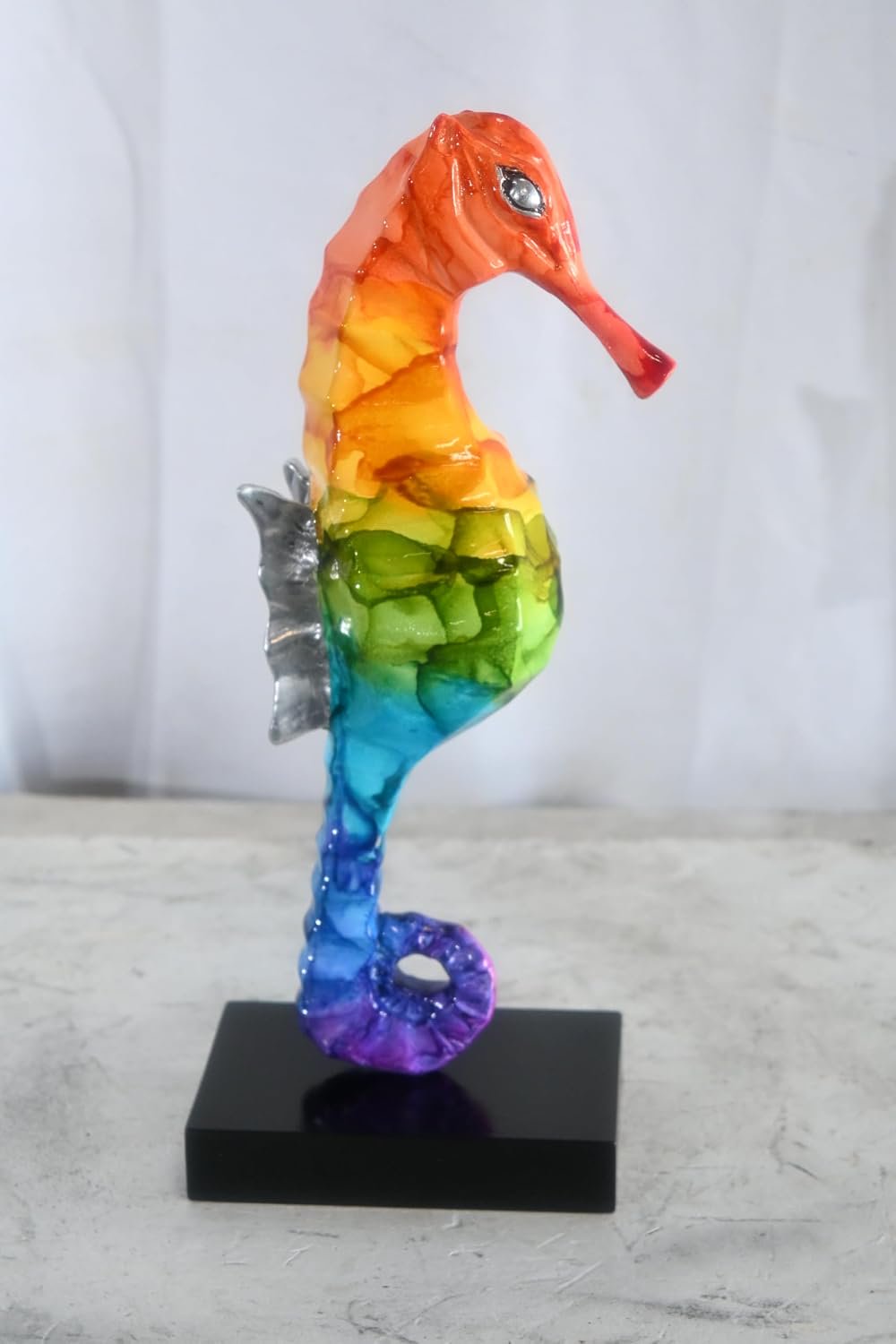 Rainbow Seahorse Figurine on Base Painted Aluminum Decor 6"x4"x15"H