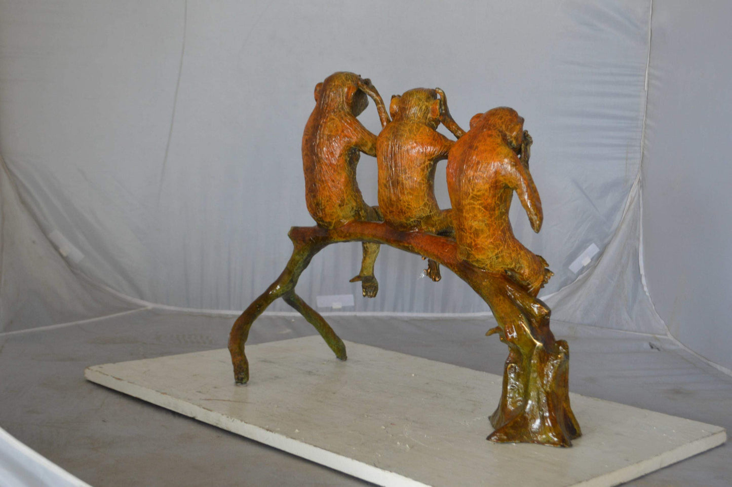 Three wise monkeys on a tree branch bronze statue - Size: 27"L x 11"W x 18"H.
