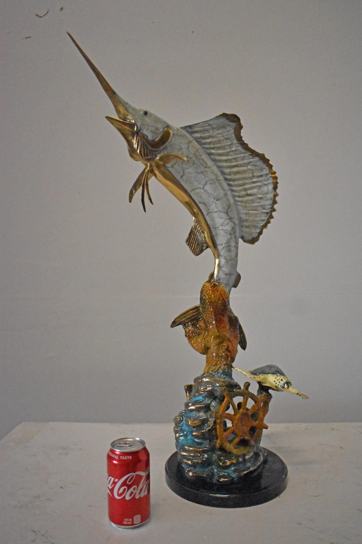 Nifao Sailfish and Turtle Bronze Statue on Marble Base – Lost Wax Marine Life Sculpture with Patina Finish - 12" L x 18" W x 31" H