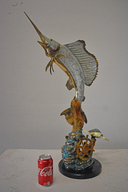 Nifao Sailfish and Turtle Bronze Statue on Marble Base – Lost Wax Marine Life Sculpture with Patina Finish - 12" L x 18" W x 31" H