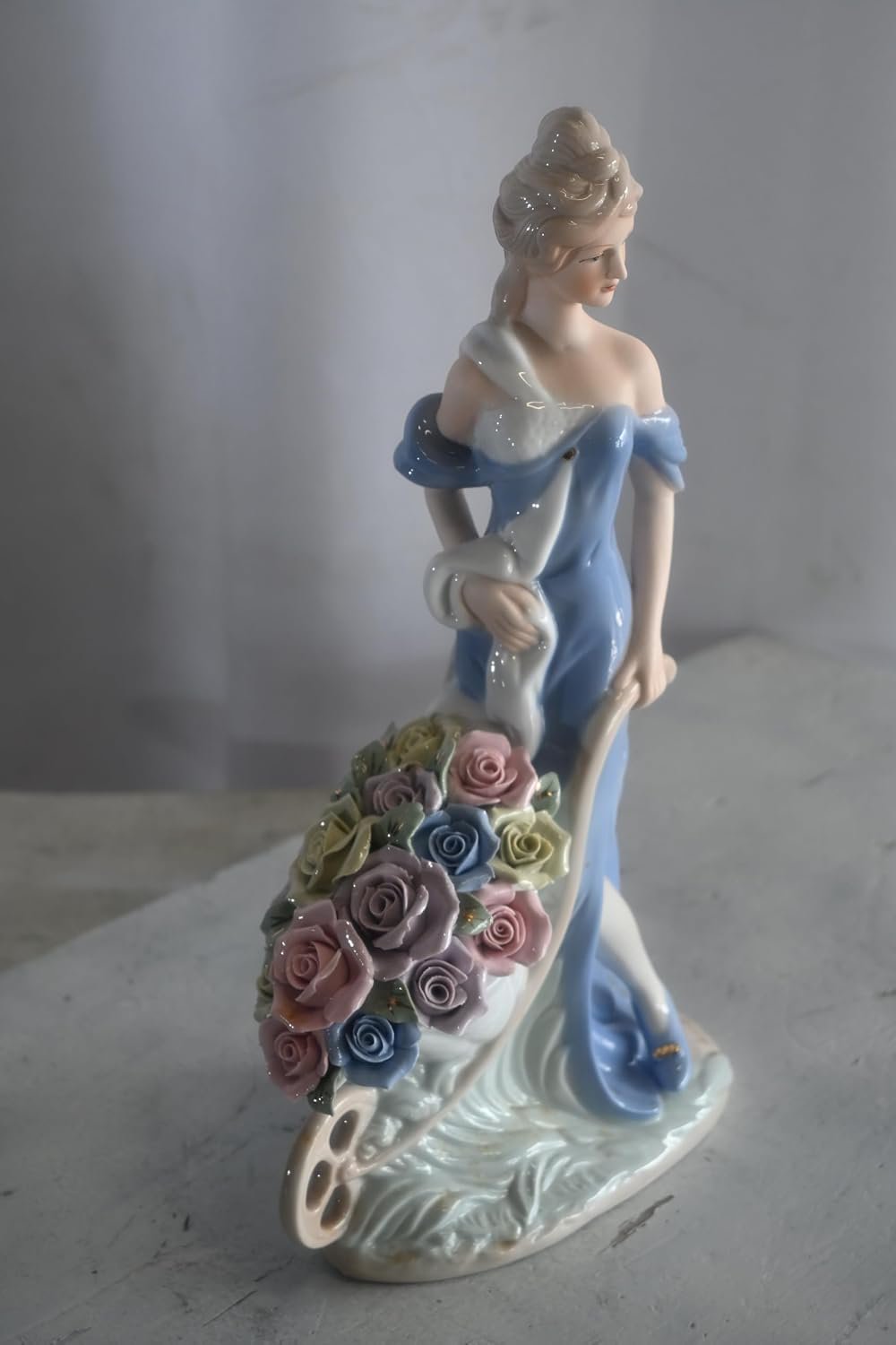 Porcelain Lady Blue Gown Pushing Rose Wheelbarrow Statue 8"x4"x14"H