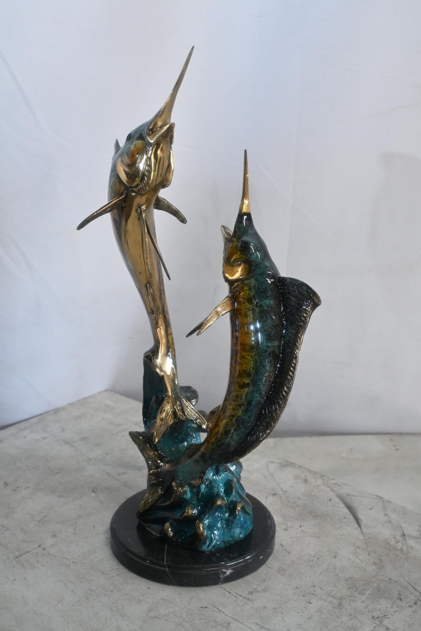 Two Marlin Bronze Sculpture Ocean Wave Game Fish 9"x9"x23"H