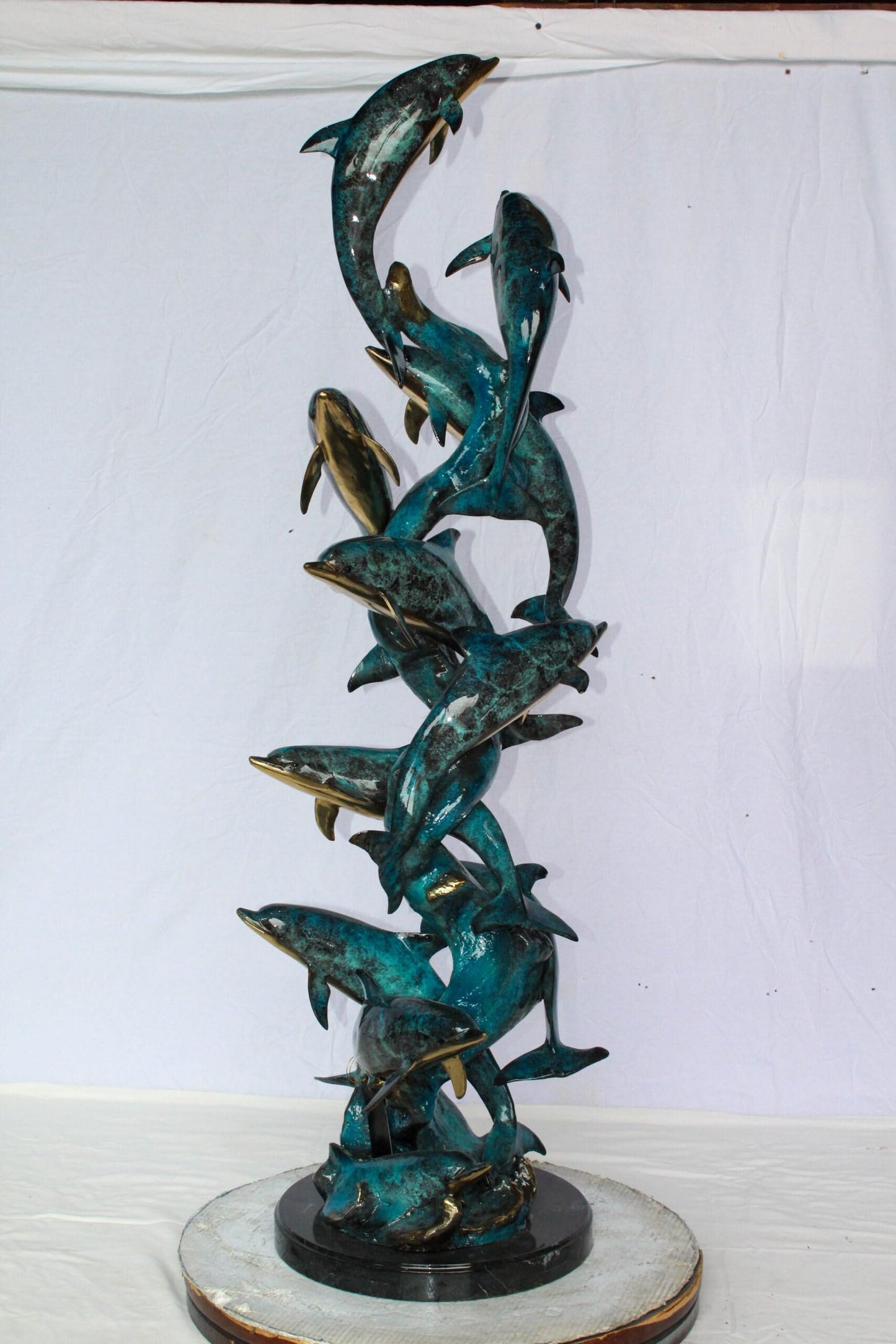 Nifao Dolphin Spiral Wave Bronze Statue – Majestic Coastal Sculpture with Handcrafted Detail for Home, Garden, or Patio Decor – 15" L x 17" W x 55" H