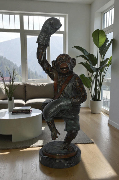 Nifao Boxing Monkey Bronze Statue - Humorous Bronze Monkey Sculpture - Size: 10"L x 12"W x 33"H.