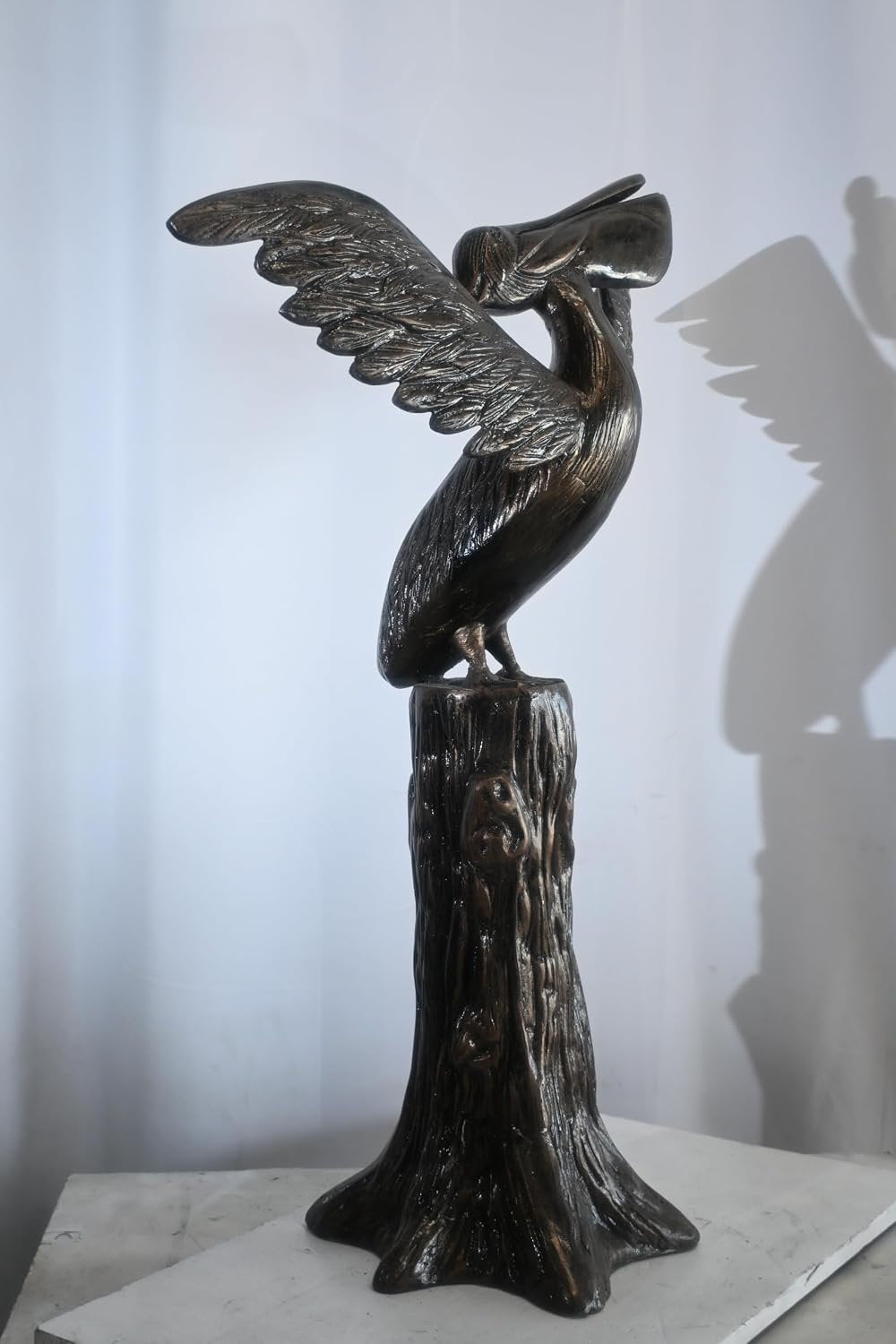 Aluminum Pelican Sculpture on Tree Stump Perch 34"x13"x43"H