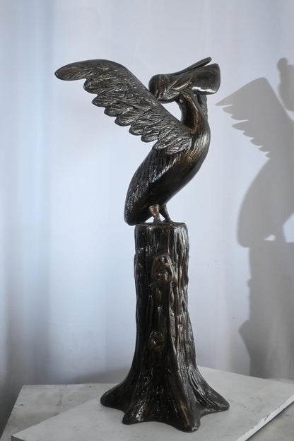Aluminum Pelican Sculpture on Tree Stump Perch 34"x13"x43"H