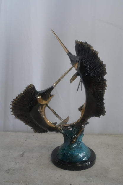 Bronze Dual Sailfish Sculpture on Wave Base and Marble 11"x10"x20"H