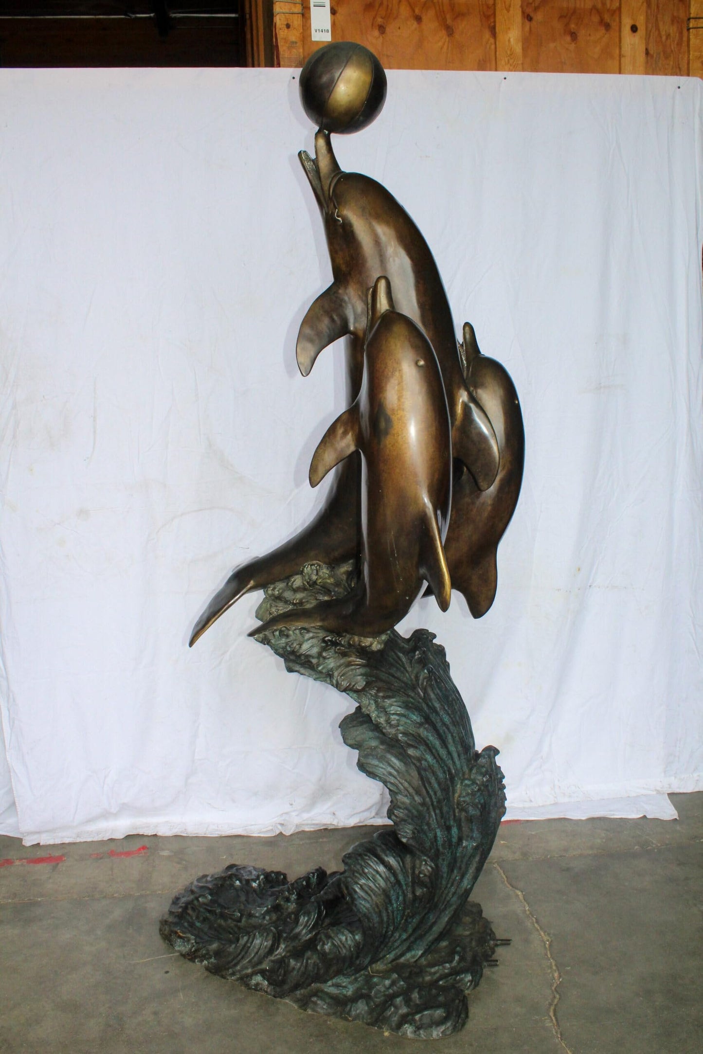 Three Dolphins Performing with Beach Ball Giant Bronze Fountain 41" x 27" x 91"H