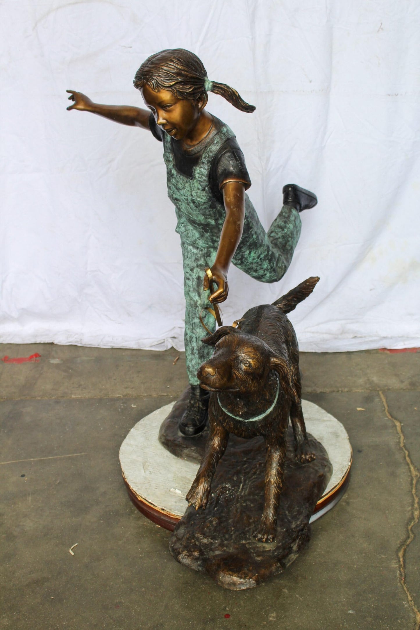 Young Girl and Her Dog Playing Bronze Statue 53" x 21" x 40"H
