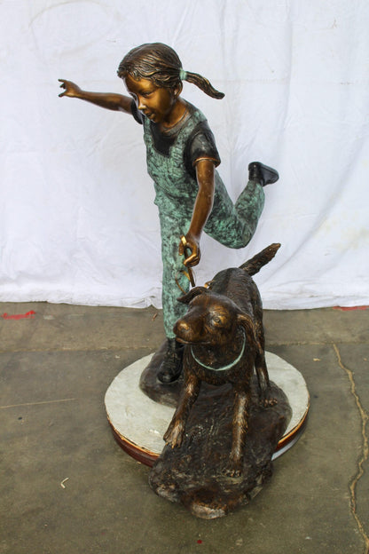 Young Girl and Her Dog Playing Bronze Statue 53" x 21" x 40"H