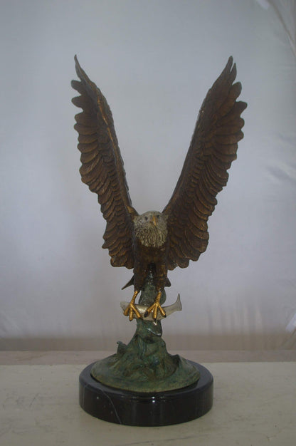 Eagle Catching His Prey from Water Bronze Statue -  Size: 14"L x 13"W x 26"H.