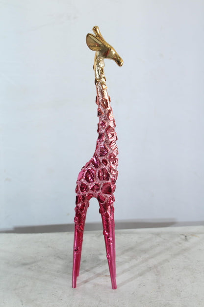 NIFAO Pink Giraffe Sculpture with Gold Chrome Head Modern Resin Decor 4"x6"x30"H