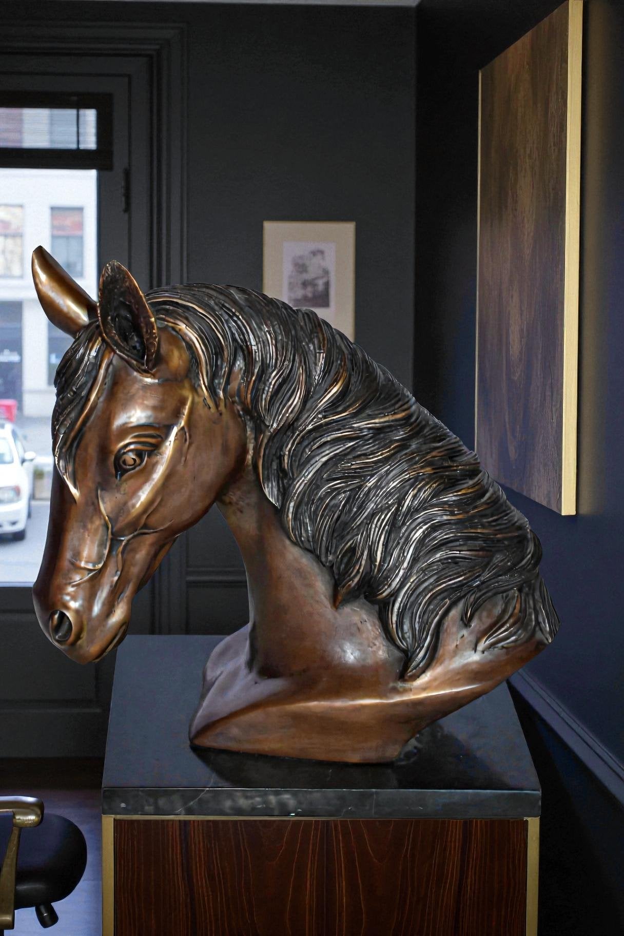 Bust Of a Horse Made of Bronze Mounted on Marble Size: 12" x 6" x 12"H