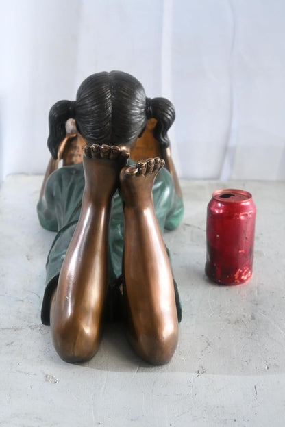 Bronze Girl Reading Fairy Tale Book Lying Down Sculpture 24"x10"x11"H