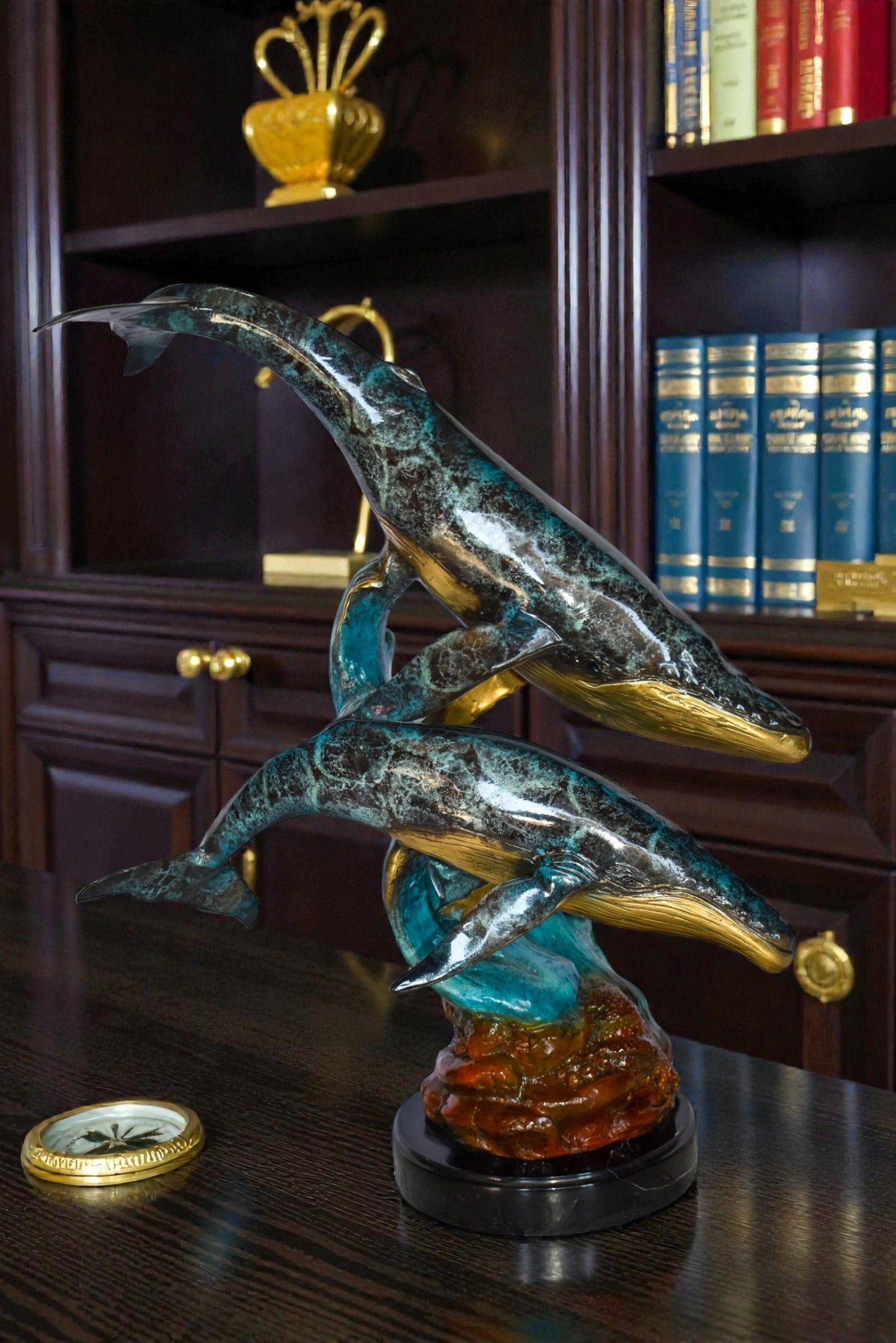 Pair of Humpback Whales Swimming in The Ocean Bronze Statue  20" x 10" x 25"H