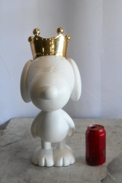 White Resin Snoopy Inspired Dog Figurine with Gold Crown 12"x8"x18"H