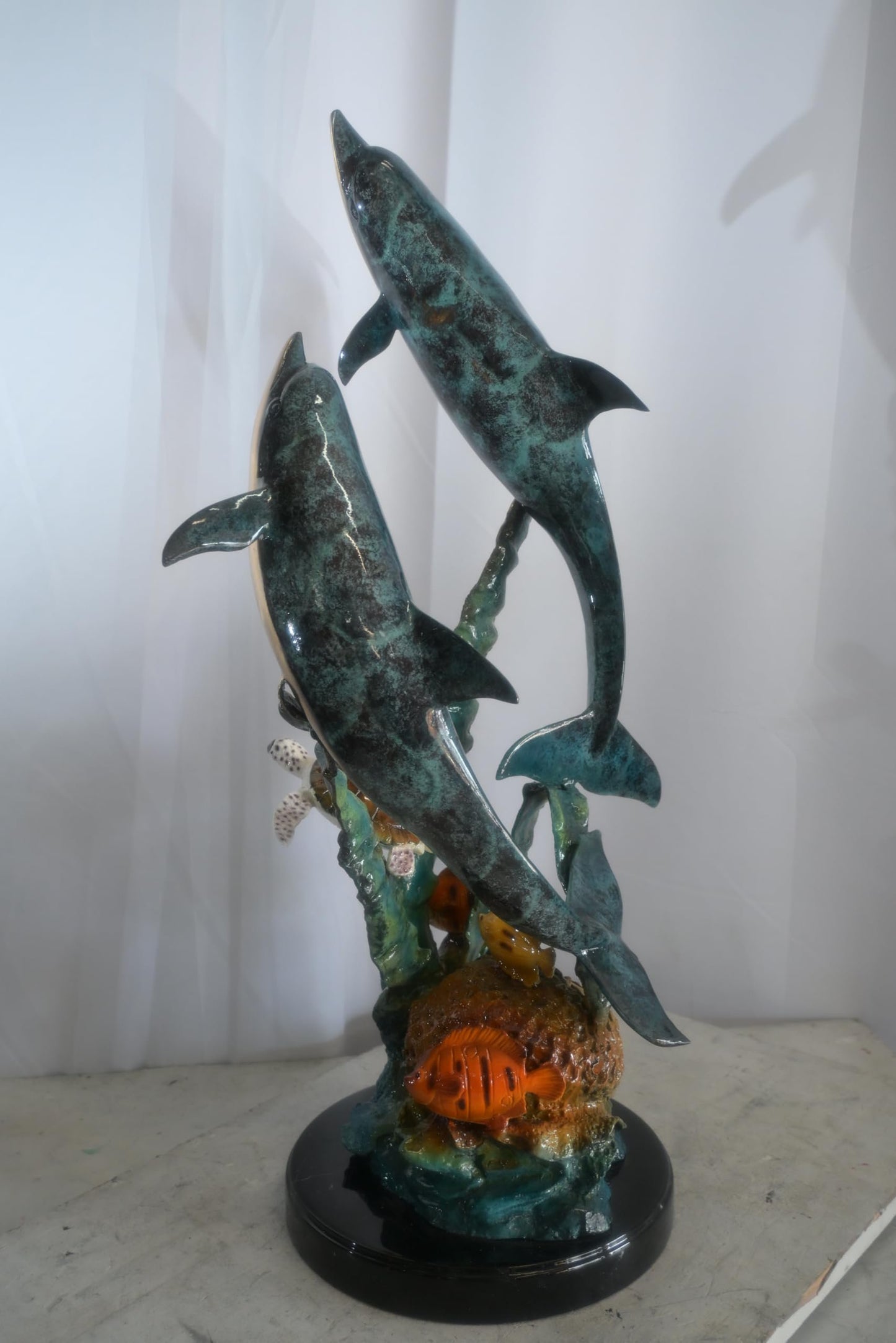 Large Bronze Dolphin Pair Ocean Scene Sculpture Marble Base 15"x18"x33"H