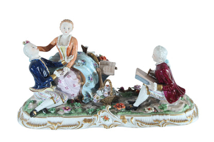 NIFAO Porcelain Rococo Courting Trio Figurine — Artist & Couple 20" x 8" x 10"H