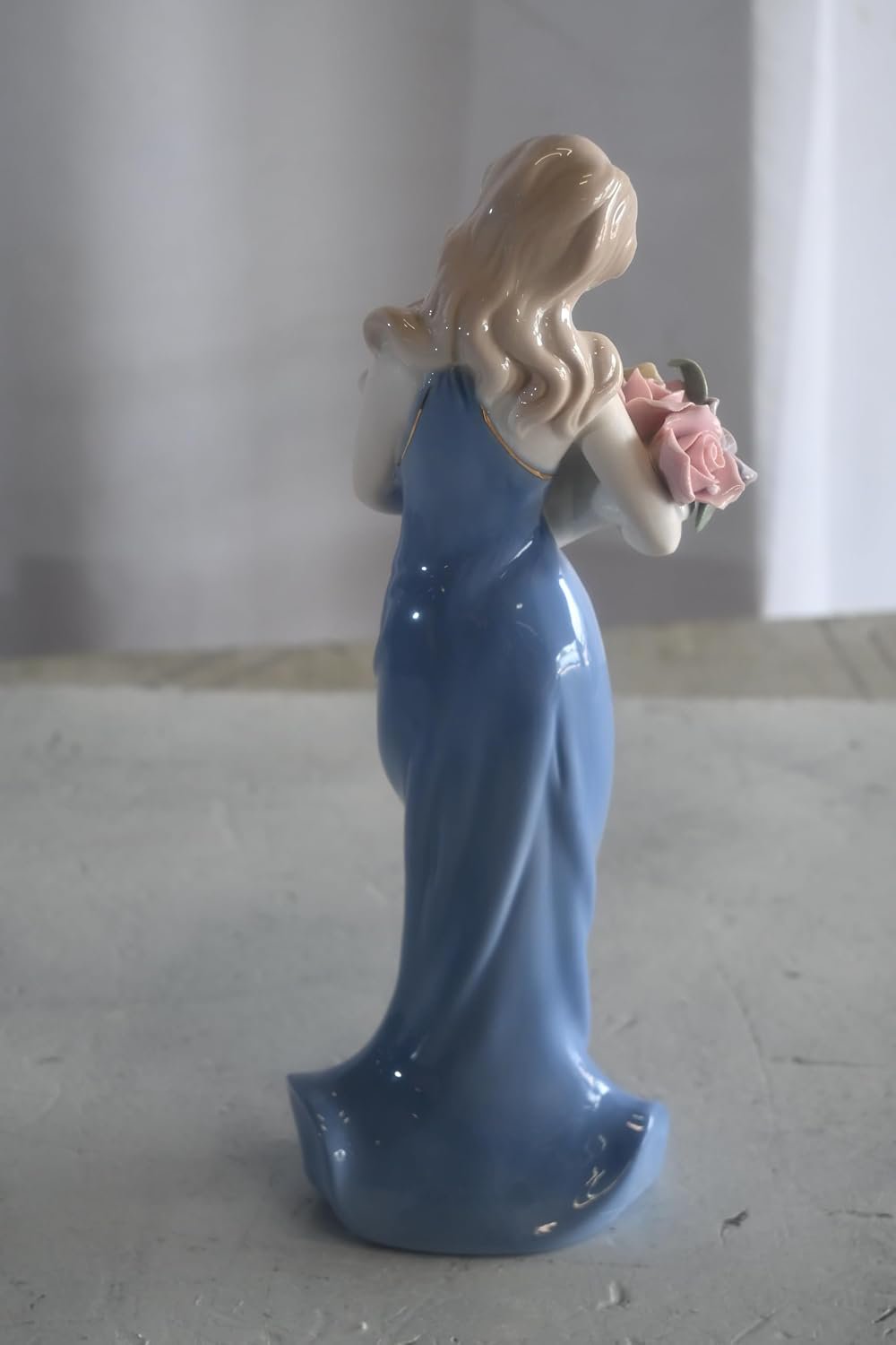Porcelain Lady Blue Sleeveless Gown Holding Rose Bouquet 4"x3"x11"H