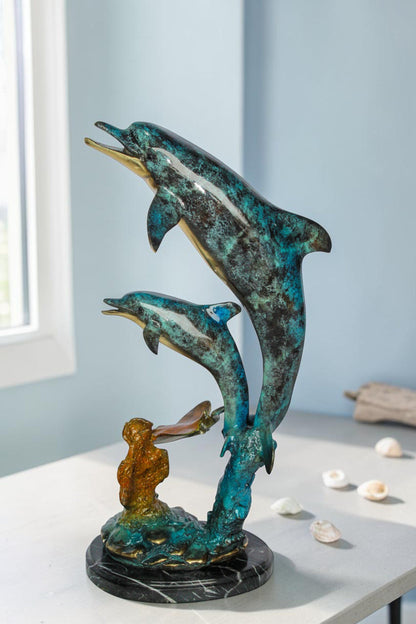 Nifao Enchanting Bronze Mermaid with Two Dolphins Statue – Handcrafted Lost Wax Sculpture with Marble Base, Ocean Fantasy Art Decor for Home, Coastal Themes, and Collectors 9" x 7" x 22"H