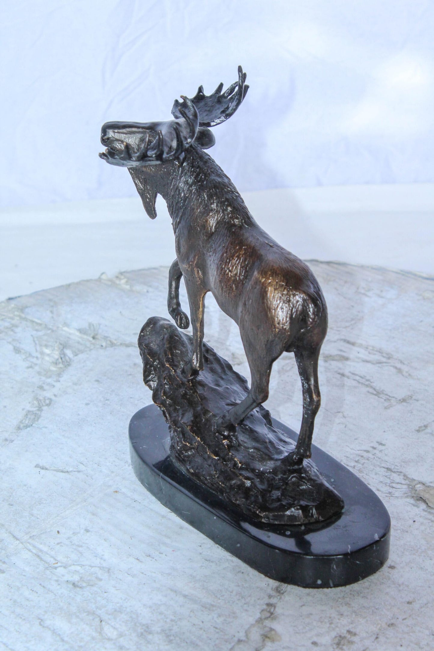 Bronze Moose Statue on Marble Base with Antlers Raised 10" x 6" x 9"H