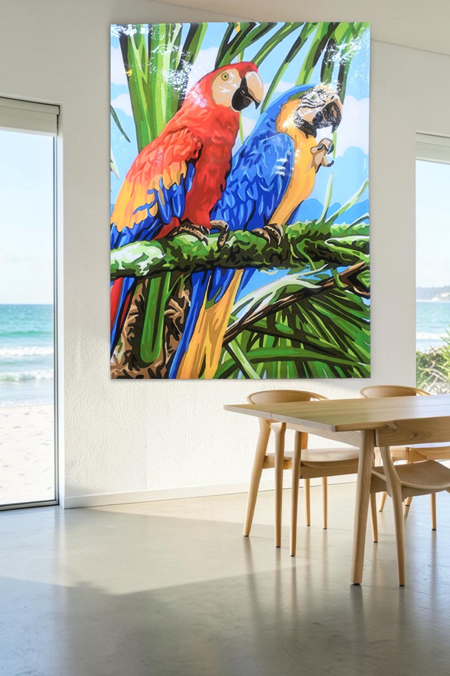 Colorful Macaw Parrots Tropical Resin Covered Canvas 32"x42"