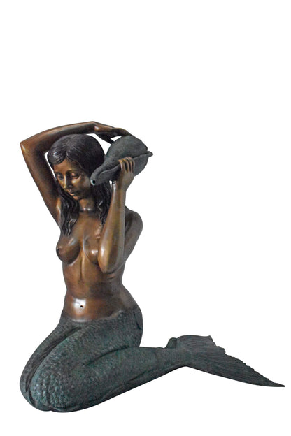 Mermaid Half Naked Holding a Shell Bronze Fountain-Art Nude 29" x 19" x 31"H