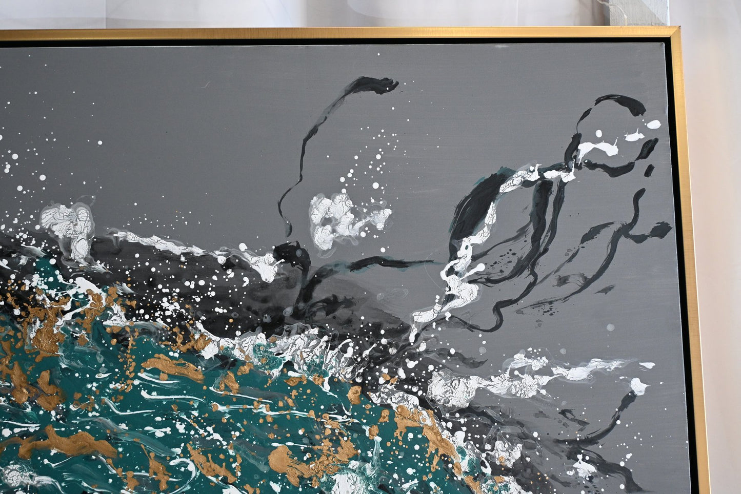 Splash of Green Abstract Canvas Painting Teal Gold Framed 41"x61"
