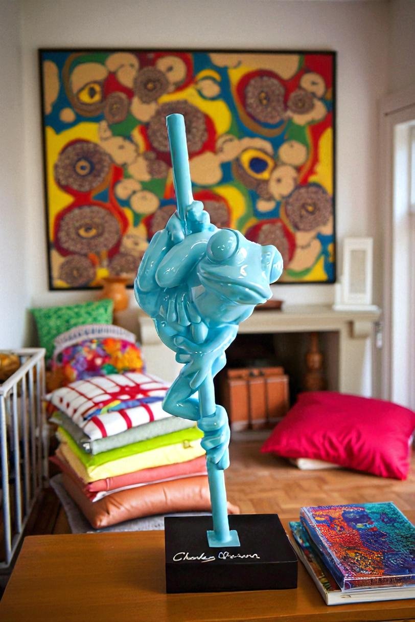 Modern Light Blue Lively Frog on Branch Resin Statue 10" x 8" x 28"H