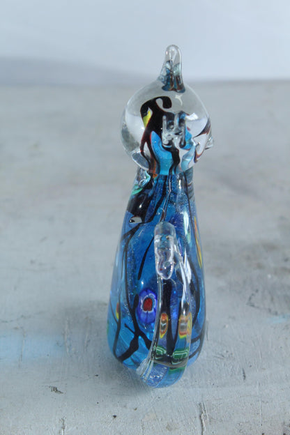 NIFAO Glass Cat Figurine Hand Blown Blue Millefiori Art Decor 5" x 3" x 7"H