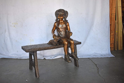 Young Girl with Her Puppy on Bench Reading Bronze Statue, Size 37" x 17" x 38"H