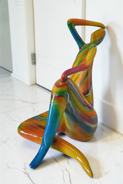 Modern Lady Touching her Head Bronze Statue - Size: 28"L x 23"W x 29"H.