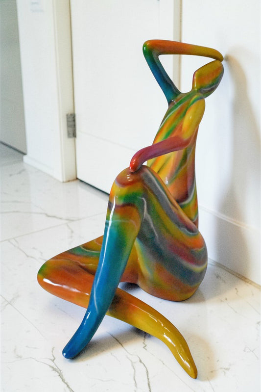 Modern Lady Touching her Head Bronze Statue - Size: 28"L x 23"W x 29"H.