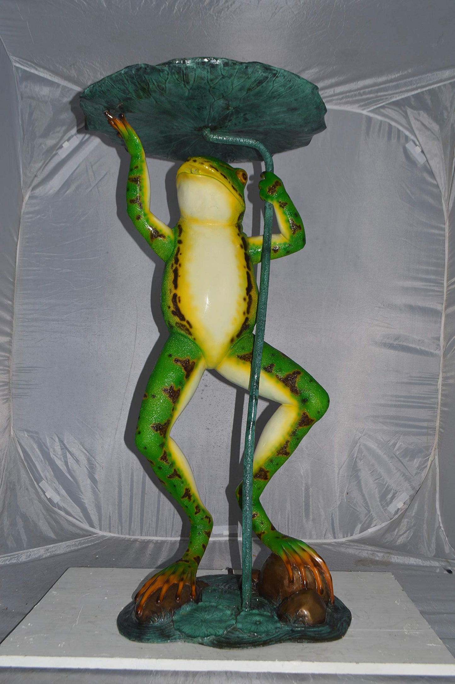 Frog with Umbrella Colored Fountain Bronze Statue -  Size: 22"L x 22"W x 43"H.