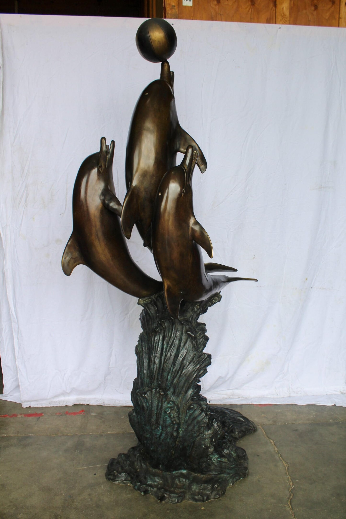 Three Dolphins Performing with Beach Ball Giant Bronze Fountain 41" x 27" x 91"H
