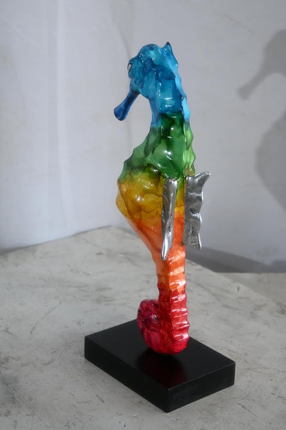 Blue to Red Rainbow Seahorse Statue Painted Aluminum Art 6"x4"x15"H
