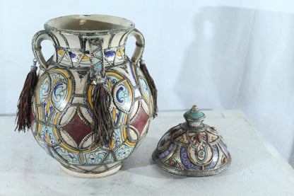 Handcrafted Ceramic Lidded Jar with Tassels and Metal Inlay 10" x 10" x 18"H