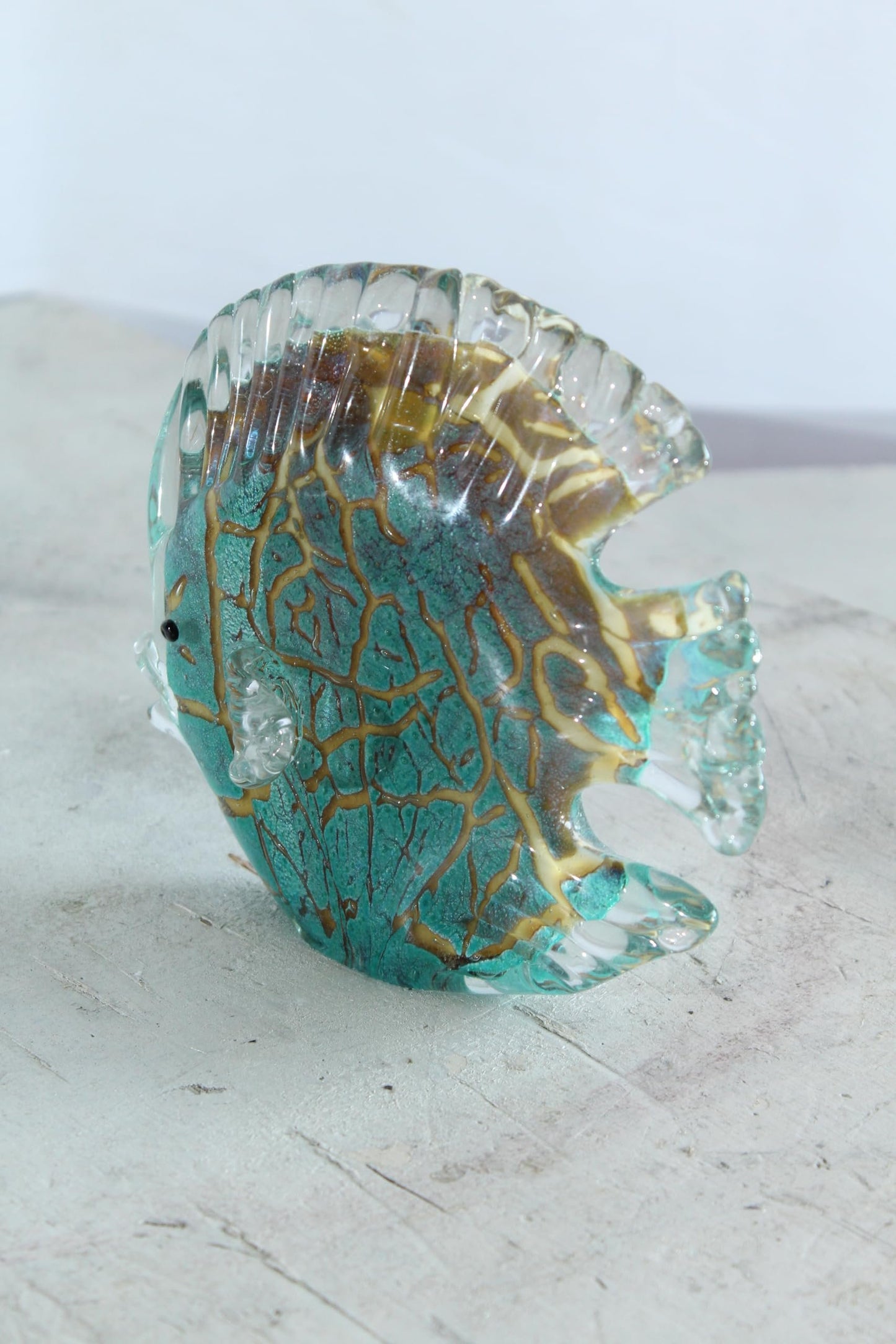 NIFAO Glass Reef Fish Figurine Teal Crackle Art Glass 8" x 3" x 6"H