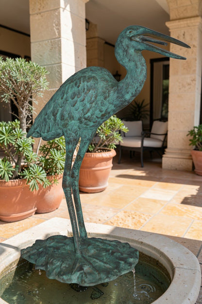 Heron Fountain Bronze Statue -  Size: 14"L x 24"W x 26"H.