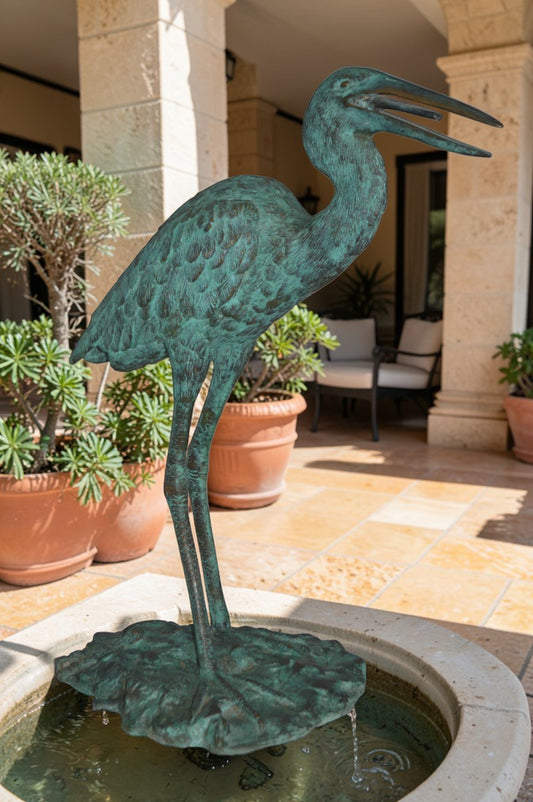 Heron Fountain Bronze Statue -  Size: 14"L x 24"W x 26"H.