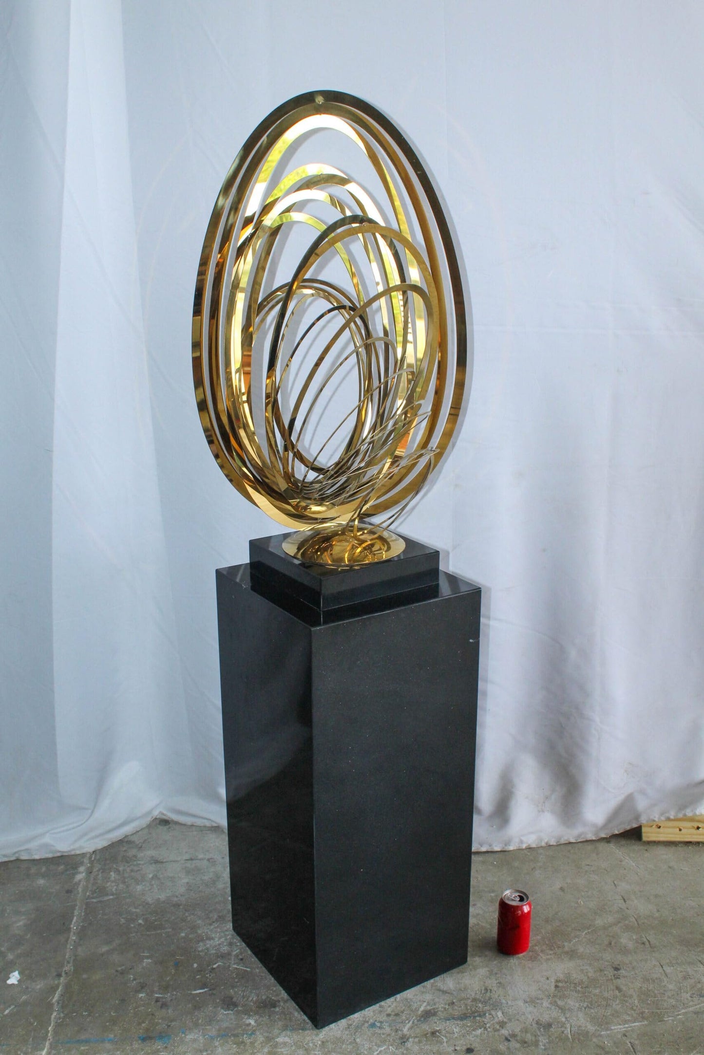 Modern Abstract Brass Sculpture with Black Pedestal Stand 18" x 14" x 67"H