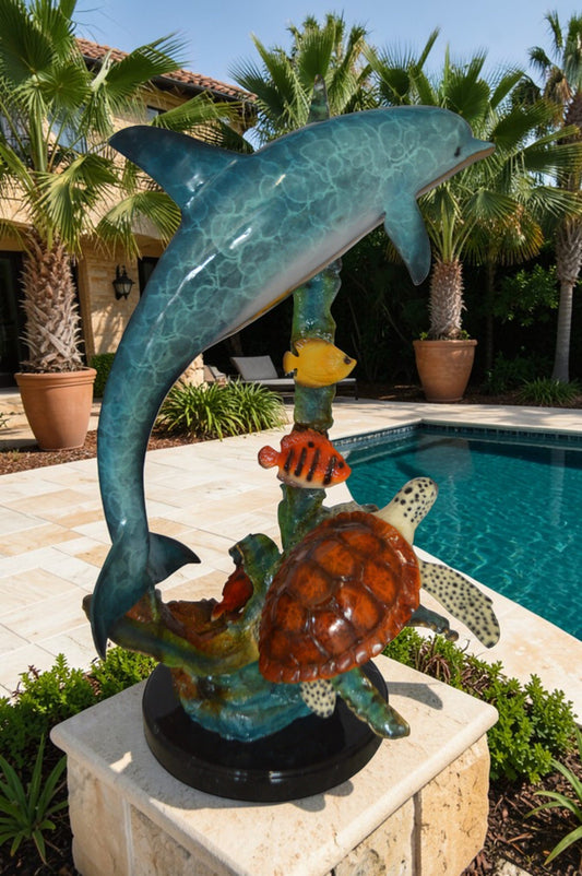 Dolphin , Turtle And Fish Bronze Statue -  Size: 18"L x 16"W x 25"H.
