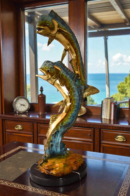 Impressive Pair of Dorado Mahi Mahi Fish Bronze Statue Size: 20" x 18" x 42"H