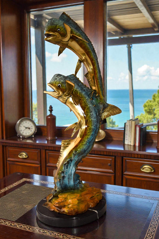 Impressive Pair of Dorado Mahi Mahi Fish Bronze Statue Size: 20" x 18" x 42"H