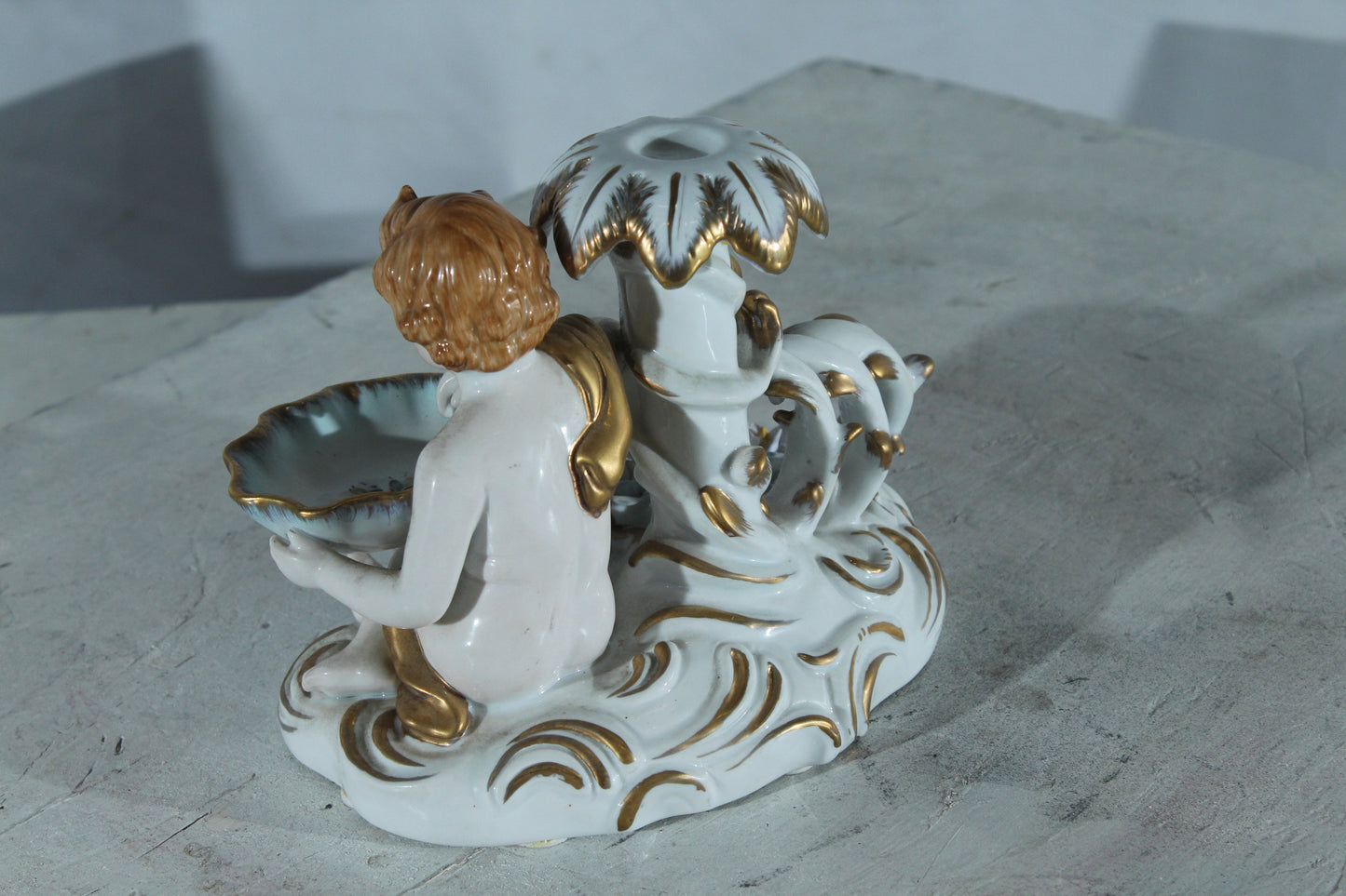 Porcelain Cherub Candle Holder with Floral Dish 9"x6"x7"H