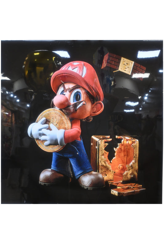 Mario Bitcoin Pop Art Resin Canvas 40x40 - Iconic Plumber Character with Gold Coin & Vault
