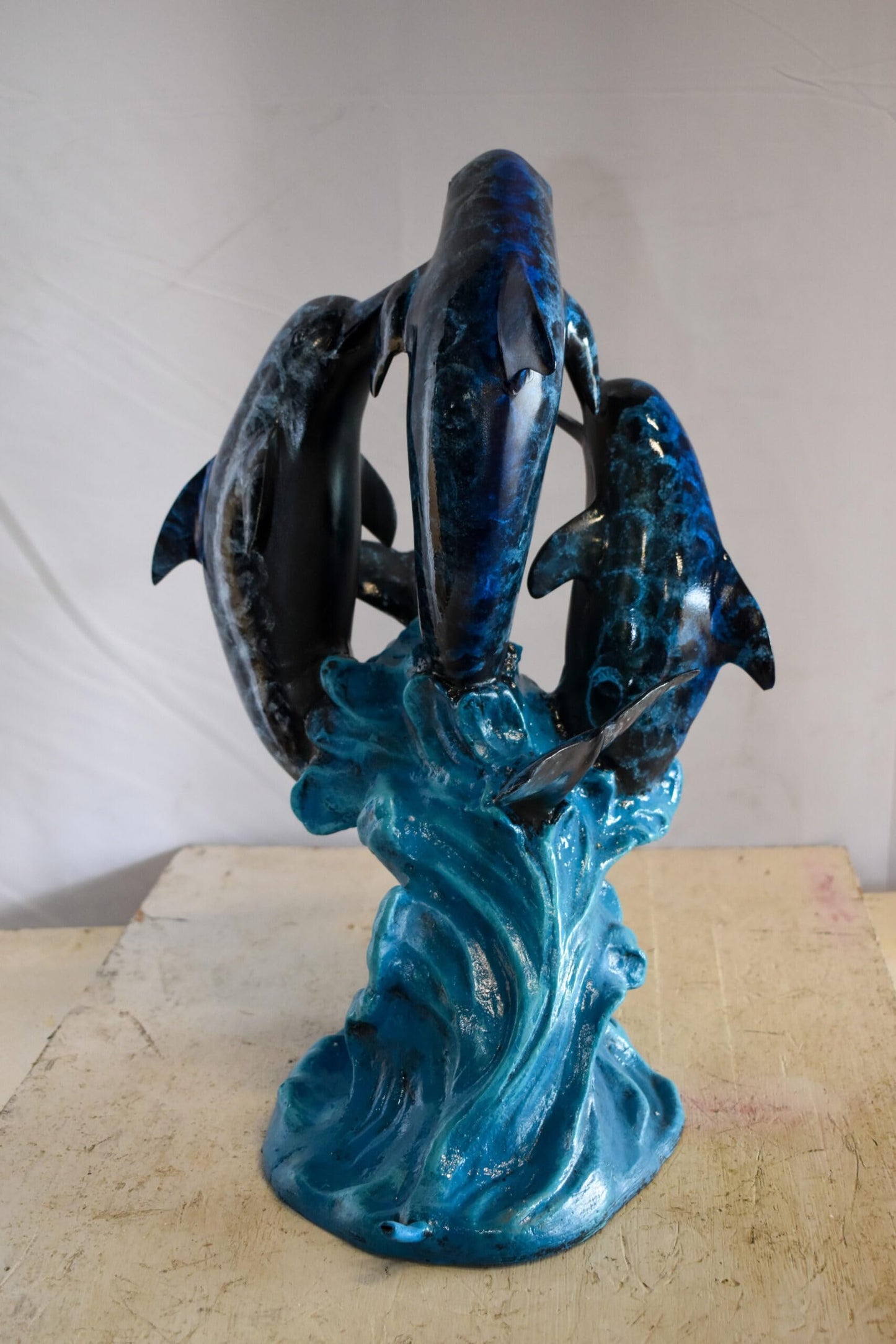 Pod of Dolphins Playfully On A Wave Resin Statue, Fountain 15" x 14" x 20"H